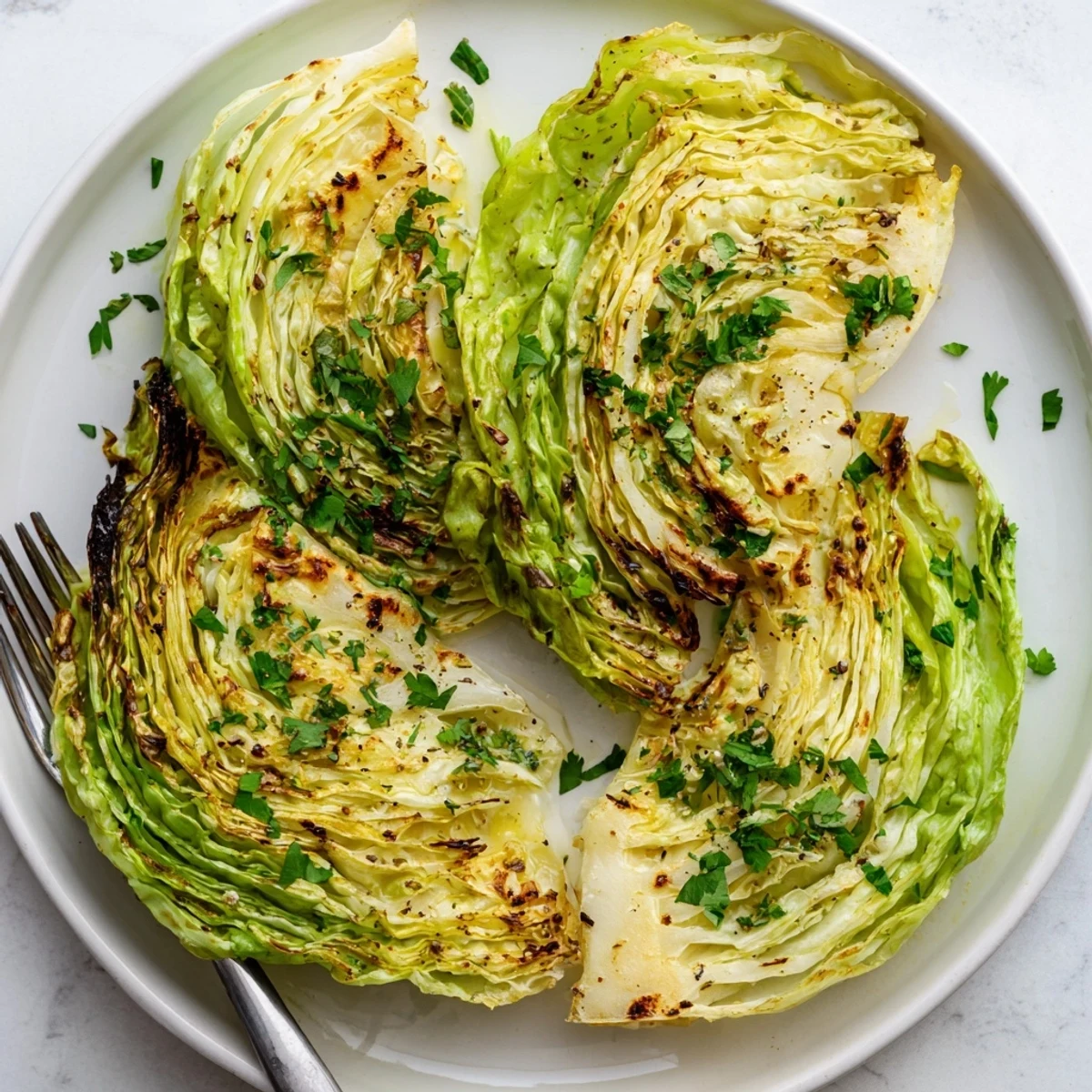 Oven roasted cabbage wedges brushed with olive oil and spices displaying beautiful charred browned edges and fresh parsley garnish
