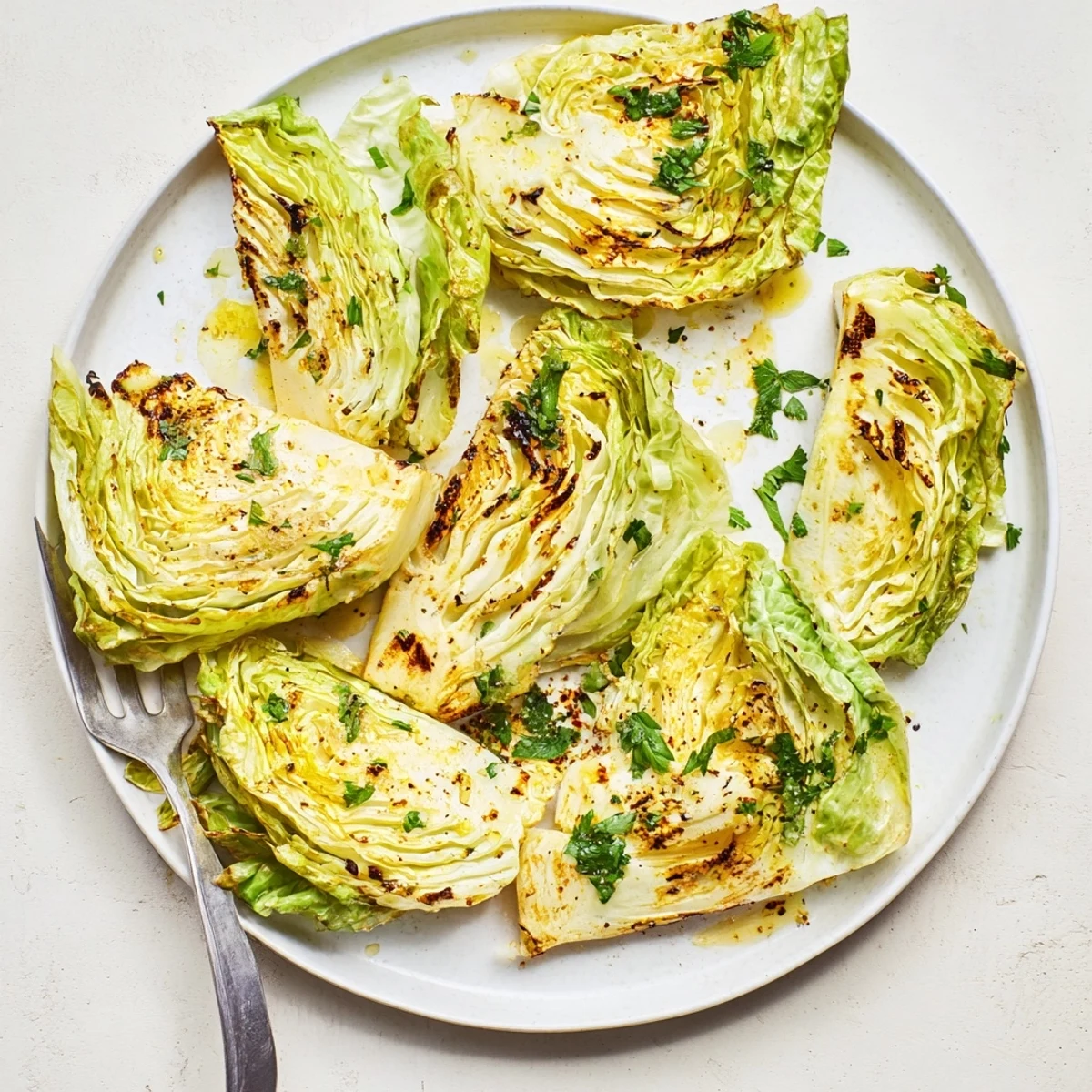 Golden roasted cabbage wedges with crispy caramelized edges and tender seasoned interiors served on a white platter
