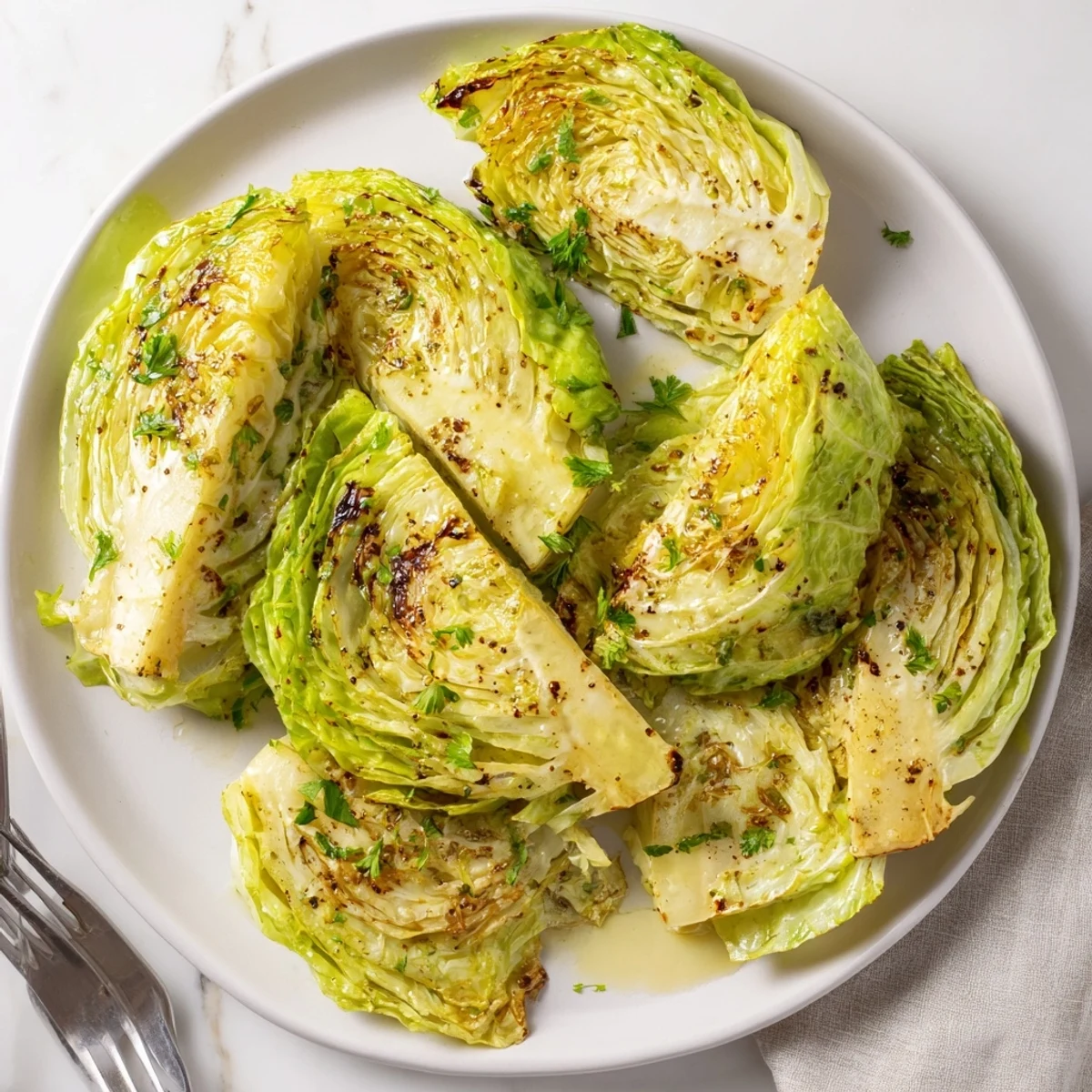 Simple roasted cabbage wedges arranged on baking sheet showing perfectly crisp edges and golden brown coloring from high heat roasting