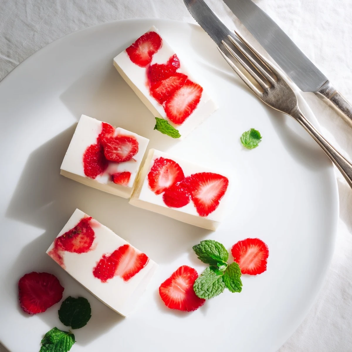 Creamy milk yokan dessert with fresh strawberry halves set in smooth white jelly