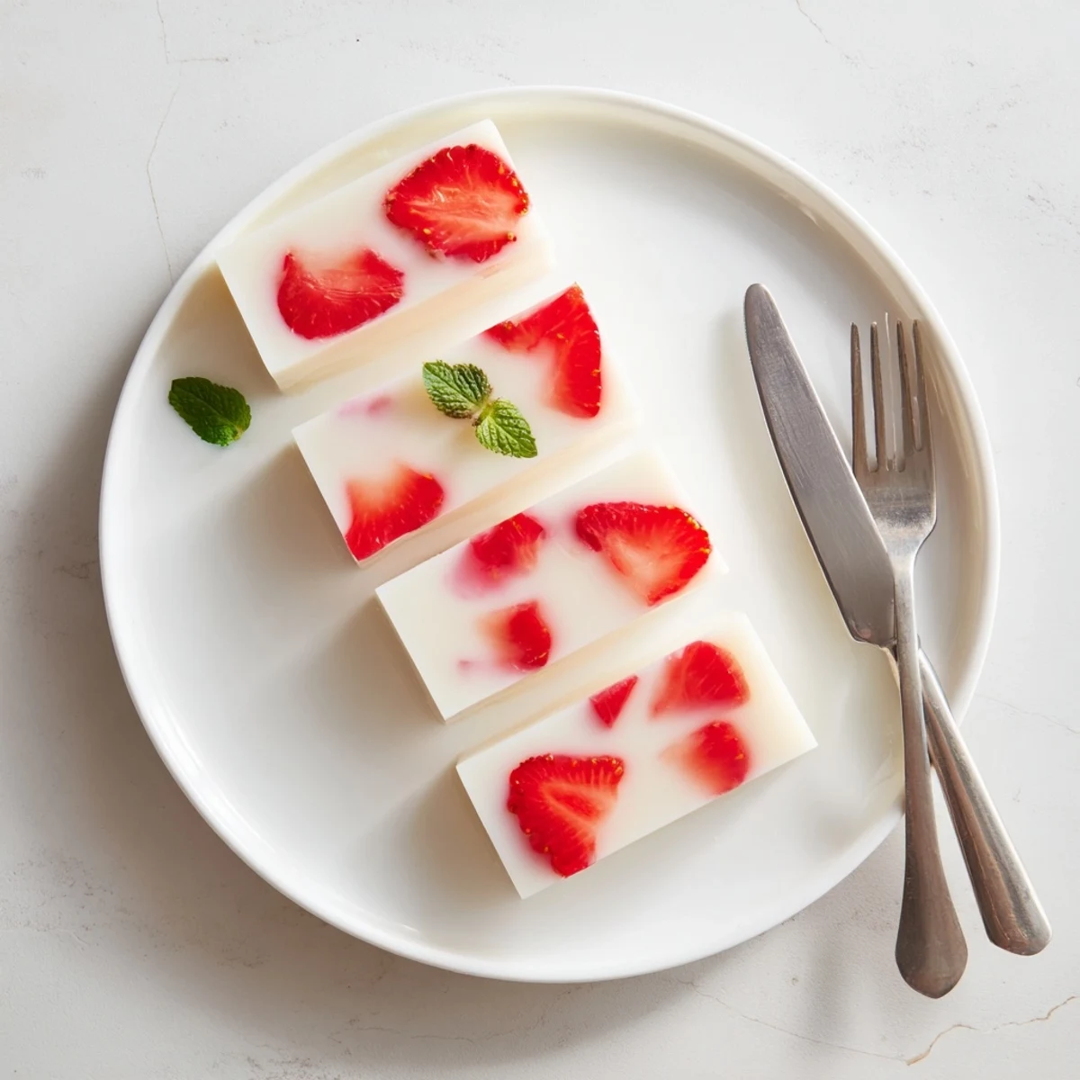 Japanese-style strawberries and milk yokan sliced into serving pieces on white plate