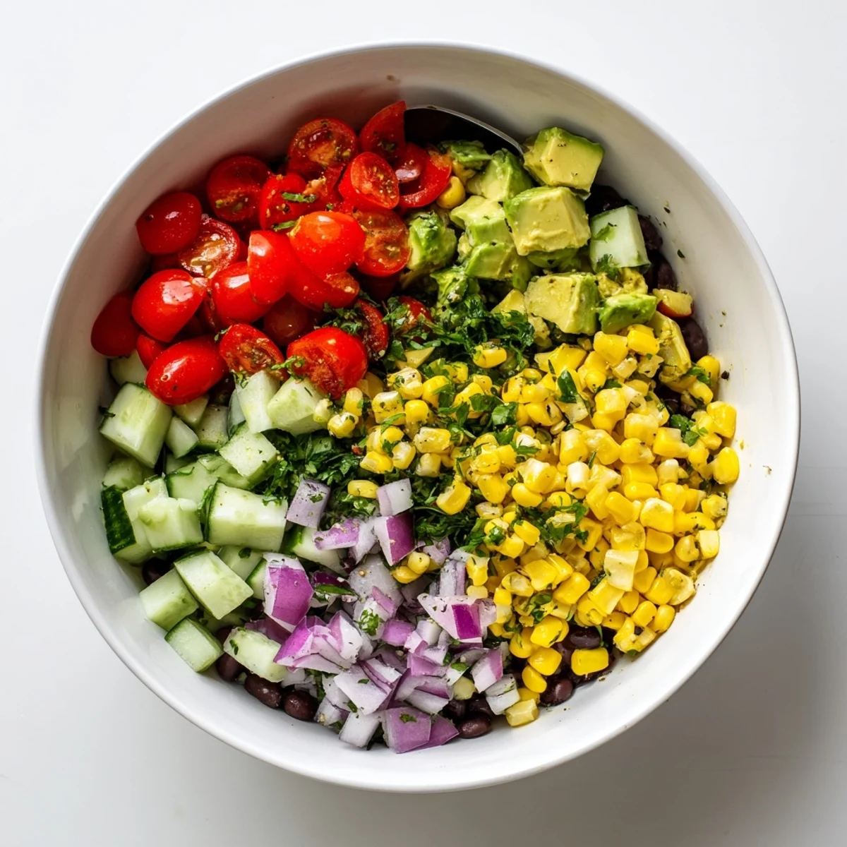 Protein-packed chopped black bean salad featuring vibrant corn, bell peppers, cucumber, and cilantro tossed in tangy lime vinaigrette