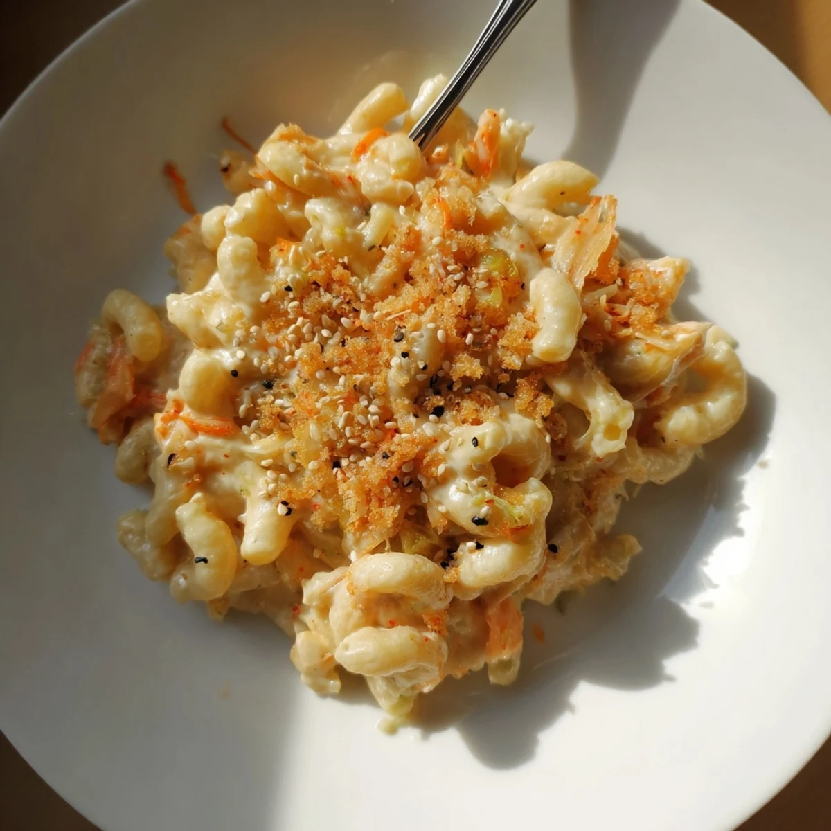 Golden baked Kimchi Mac and Cheese topped with crispy panko breadcrumbs and sesame seeds