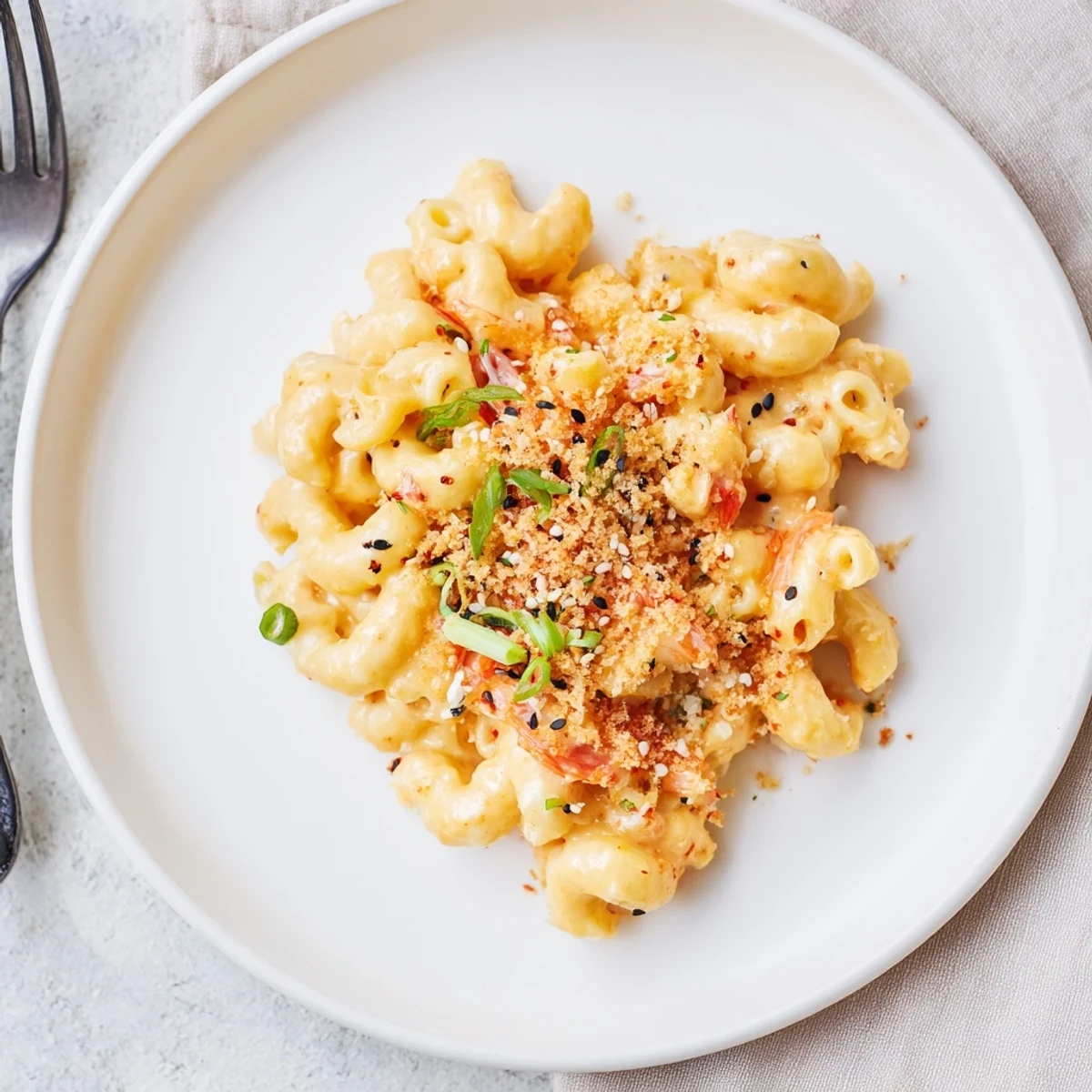Bubbling Kimchi Mac and Cheese casserole with sharp cheddar sauce and tangy kimchi throughout