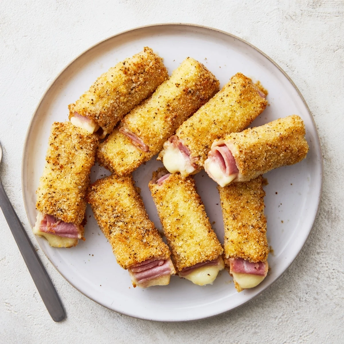 Golden brown ham and cheese sticks arranged on a serving plate with marinara dipping sauce