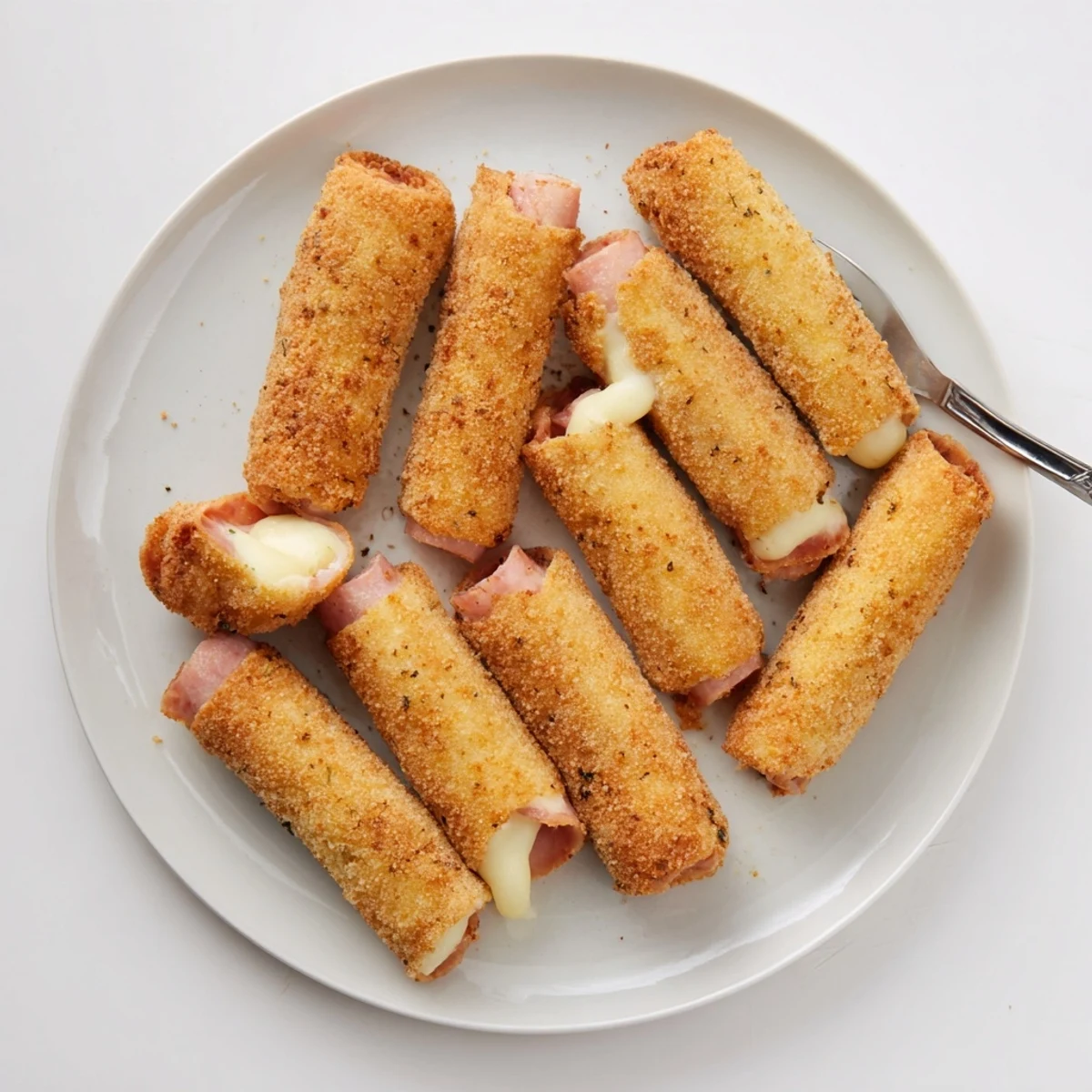 Crispy fried appetizer featuring melted mozzarella and savory ham inside breadcrumb-coated bread rolls