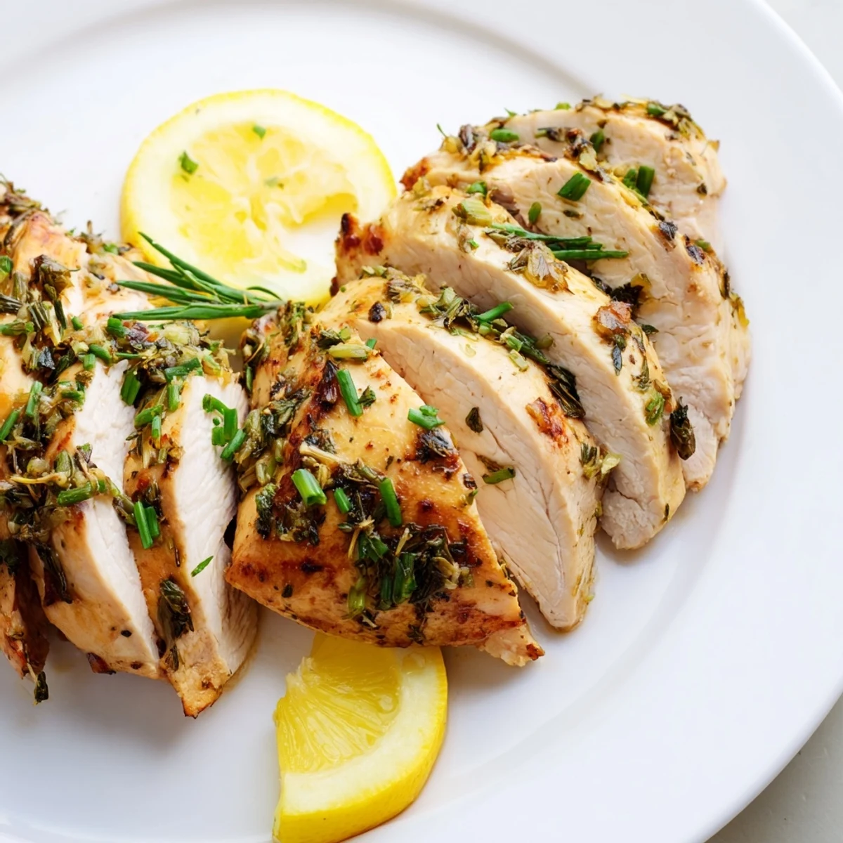 Golden roasted spring garlic herb chicken with fresh parsley and lemon slices on a white plate
