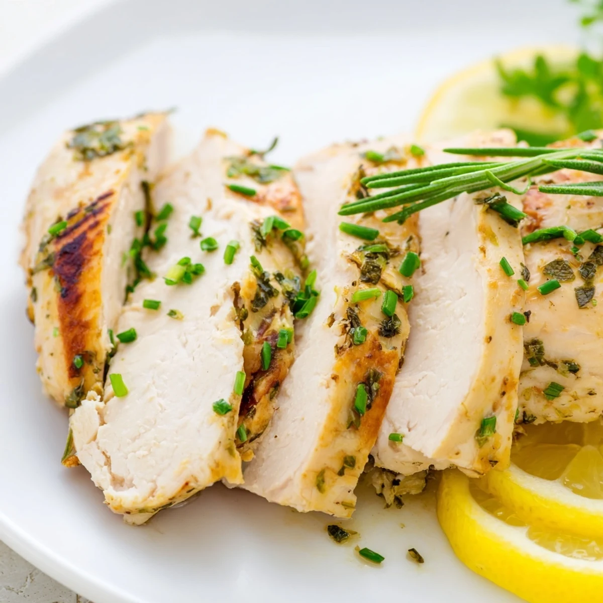 Whole roasted spring garlic herb chicken surrounded by fresh herbs and lemon wedges on a wooden board