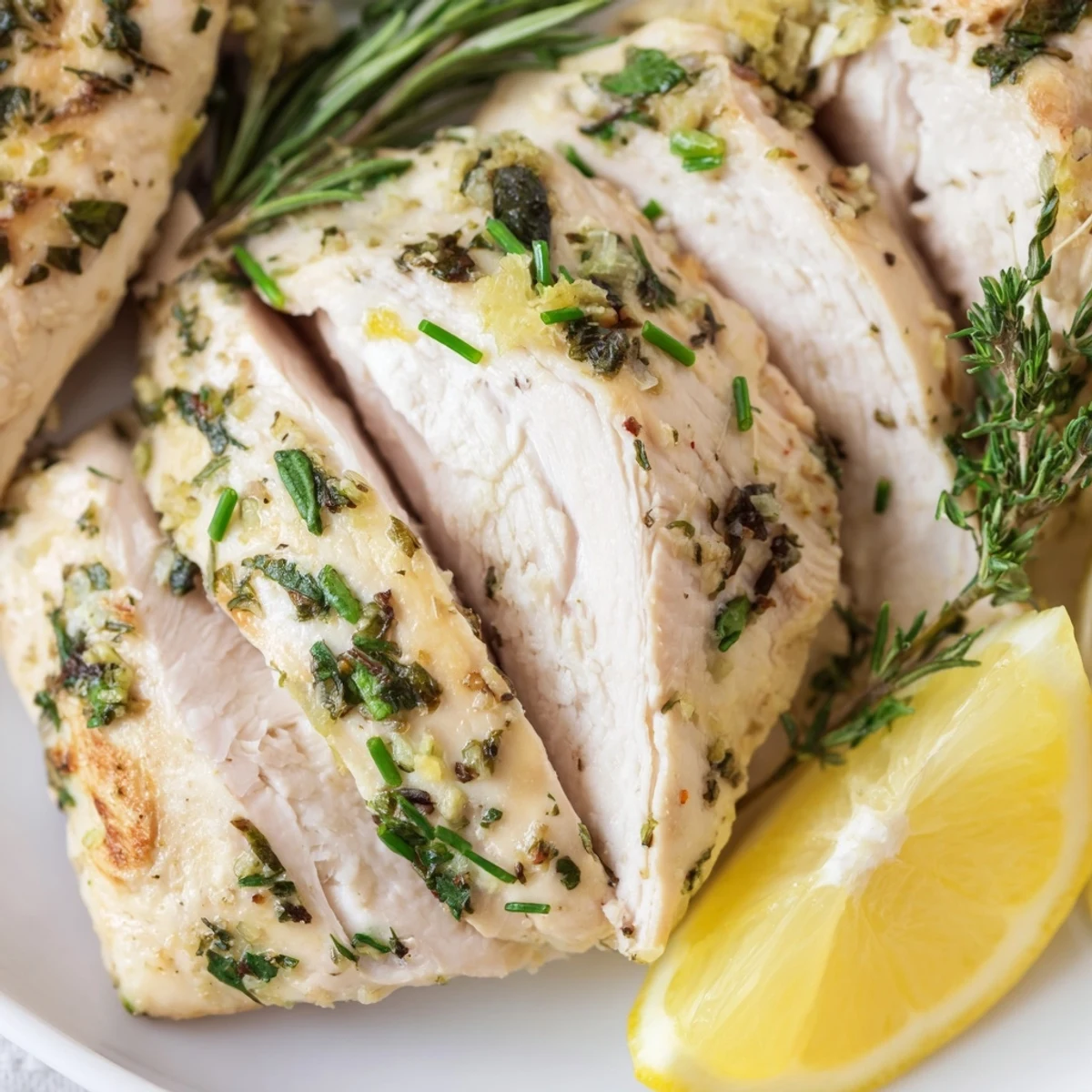 Tender juicy chicken breasts glazed with spring garlic herb marinade and garnished with chives