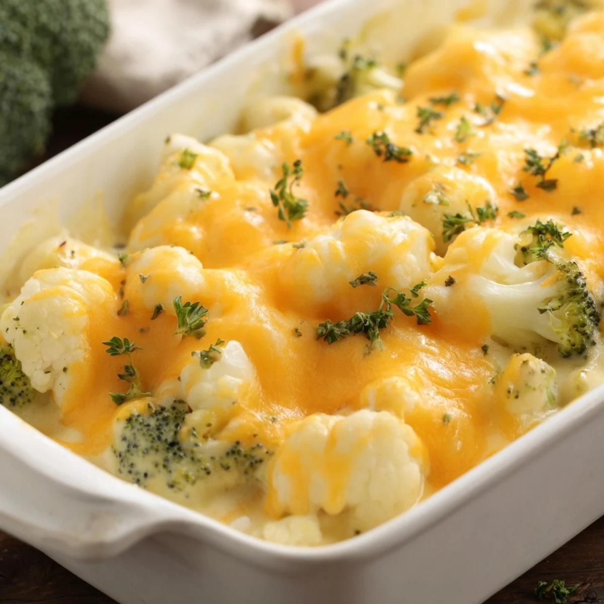 Golden bubbly keto broccoli cauliflower bake with melted cheddar cheese sauce in a baking dish