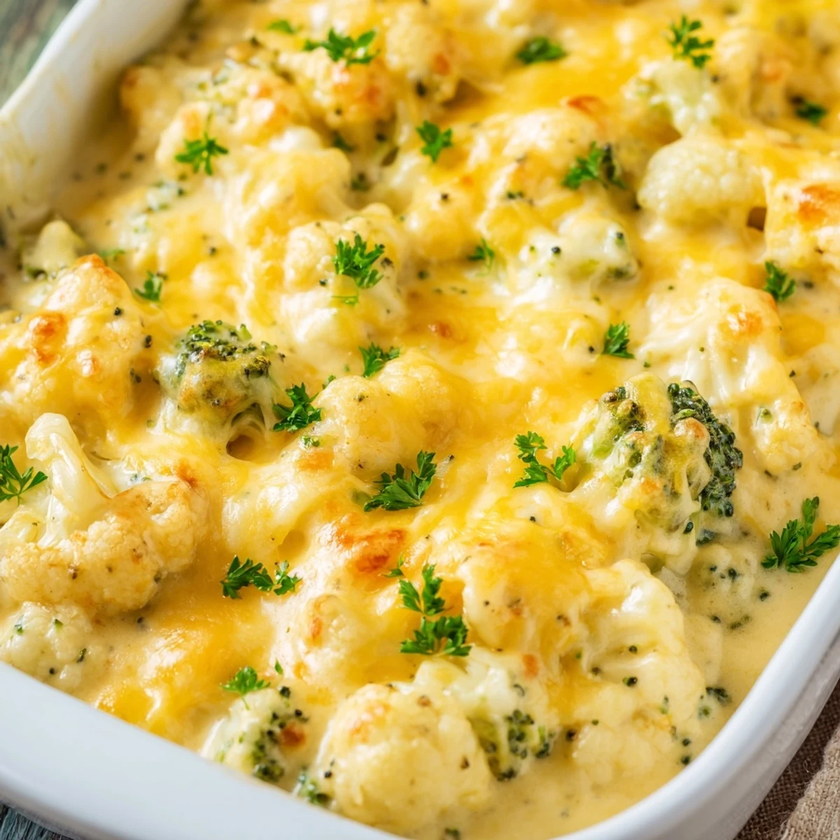 Creamy low-carb broccoli and cauliflower casserole topped with golden cheese and fresh parsley garnish
