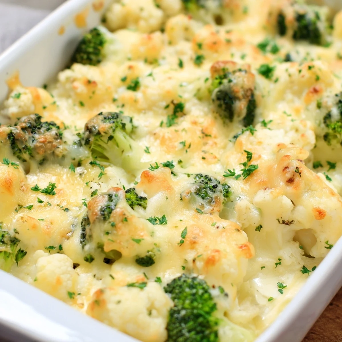 Best keto broccoli cauliflower bake featuring tender vegetables in rich creamy cheese sauce