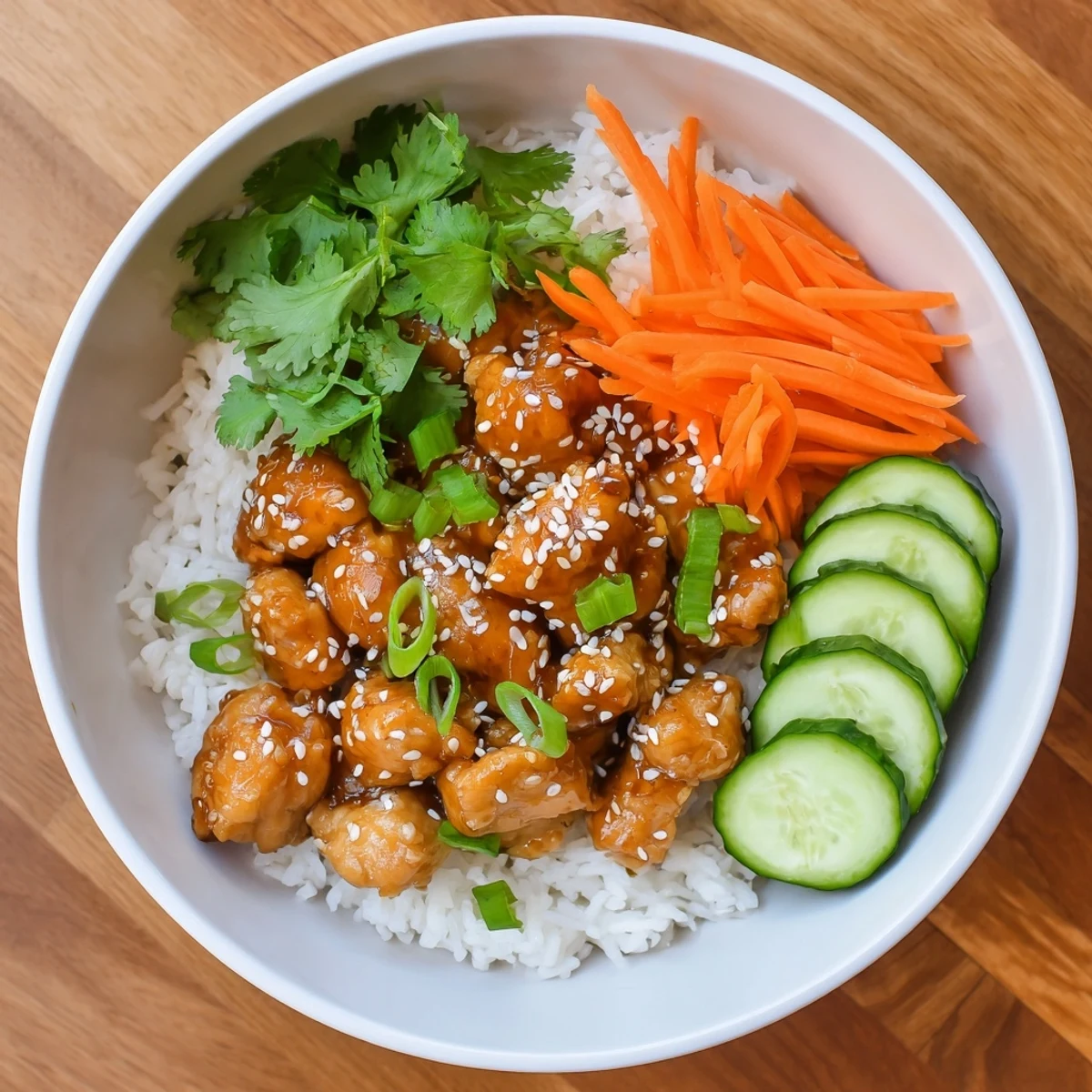 Tender chicken pieces coated in shiny sweet savory sauce served over rice with crisp cucumber and carrots