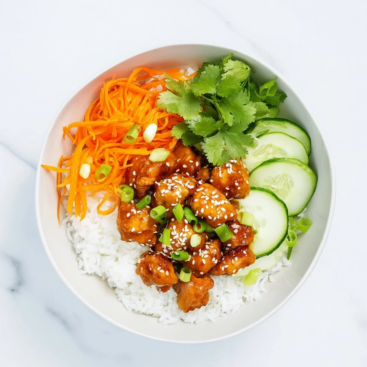 Golden brown sticky chicken bowls with glazed chicken over fluffy white rice and colorful fresh vegetables