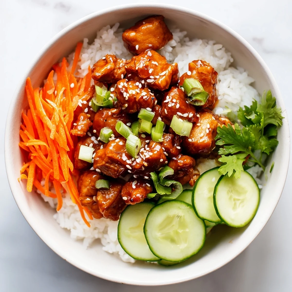 Asian-inspired sticky chicken bowl featuring honey glazed meat atop steaming rice with sesame seeds and green onions