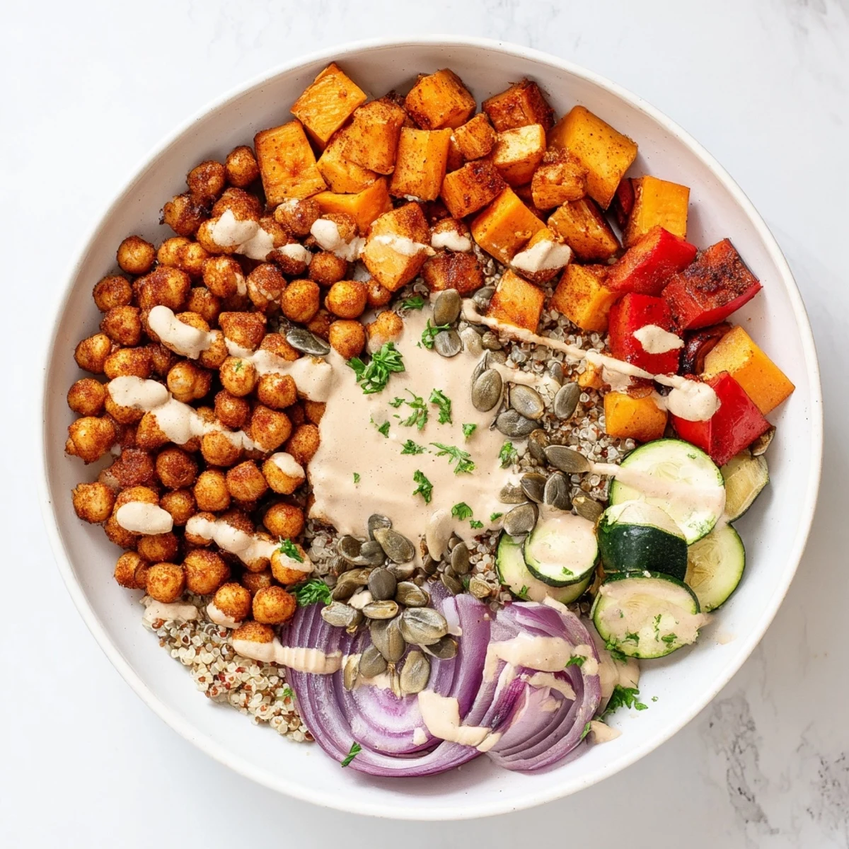 Golden roasted chickpea and veggie bowl drizzled with creamy tahini dressing over fluffy quinoa