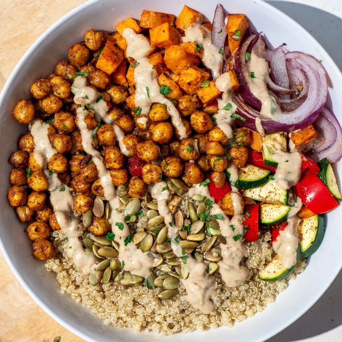 Vibrant Mediterranean roasted chickpea and veggie bowl topped with fresh spinach and crunchy pumpkin seeds