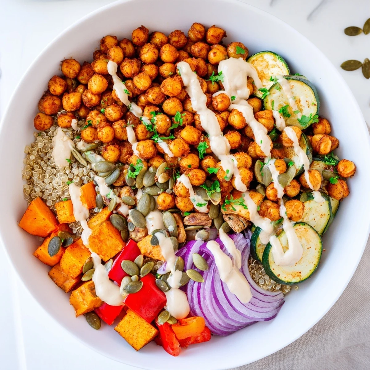 Colorful roasted chickpea and veggie bowl featuring crisp vegetables, quinoa, and velvety tahini dressing