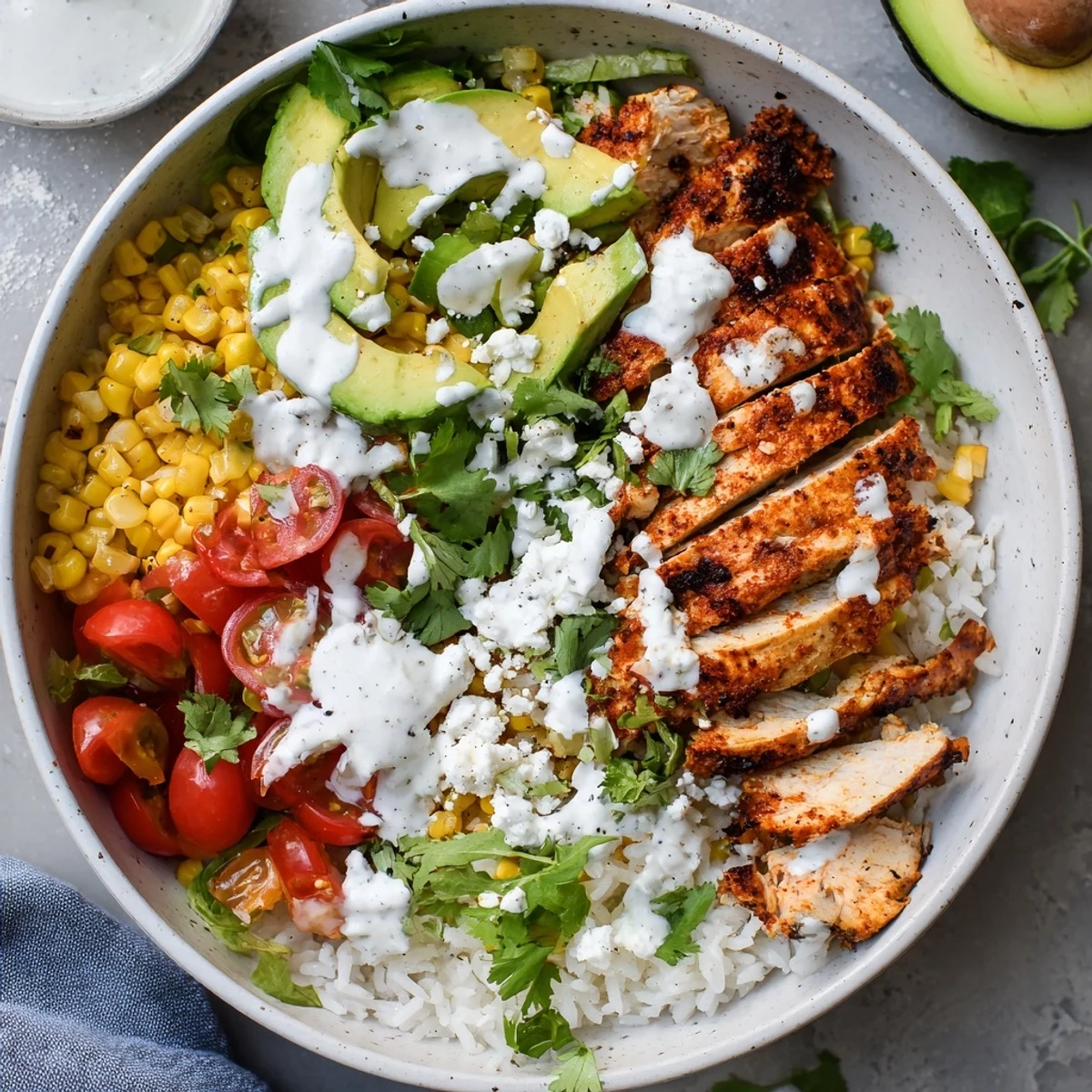 Vibrant street corn chicken bowl featuring grilled spiced chicken, roasted corn, cotija cheese, and zesty lime crema drizzled over fluffy rice and fresh lettuce layers