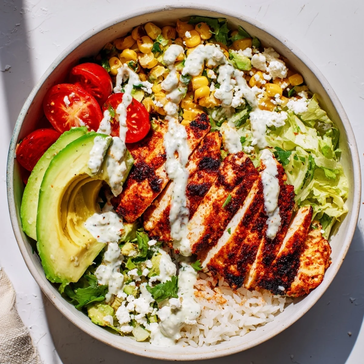 Delicious street corn chicken bowl arranged with seasoned grilled chicken, sweet roasted corn, ripe avocado cubes, cherry tomatoes, and cooling lime crema