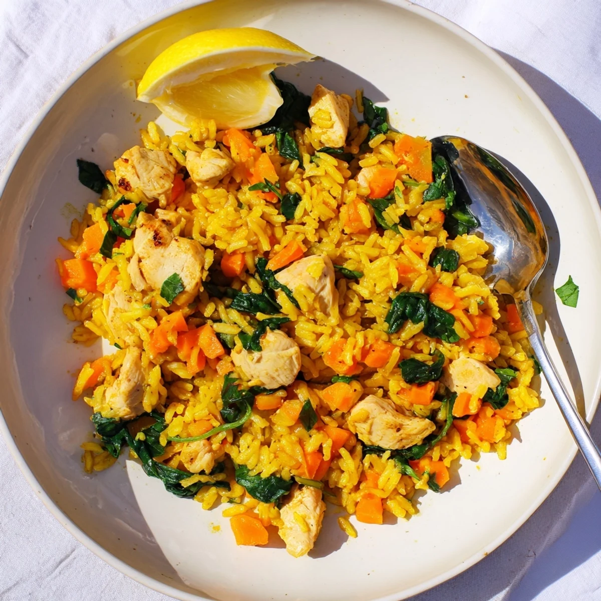 One-pot anti-inflammatory turmeric chicken rice featuring fluffy yellow grains, chunks of seasoned meat, wilted spinach