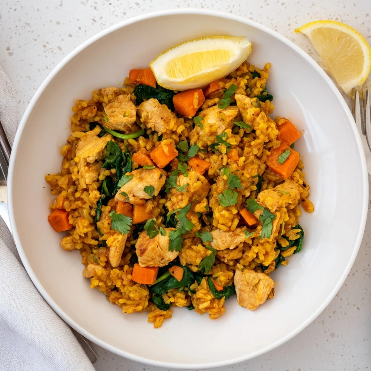 Serving of wholesome turmeric chicken rice in a white bowl topped with green herbs and lemon wedge