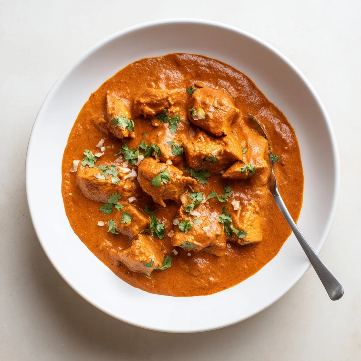 Tender chicken pieces swimming in a rich, creamy butter chicken curry sauce with vibrant red-orange hues and fresh green cilantro garnish.