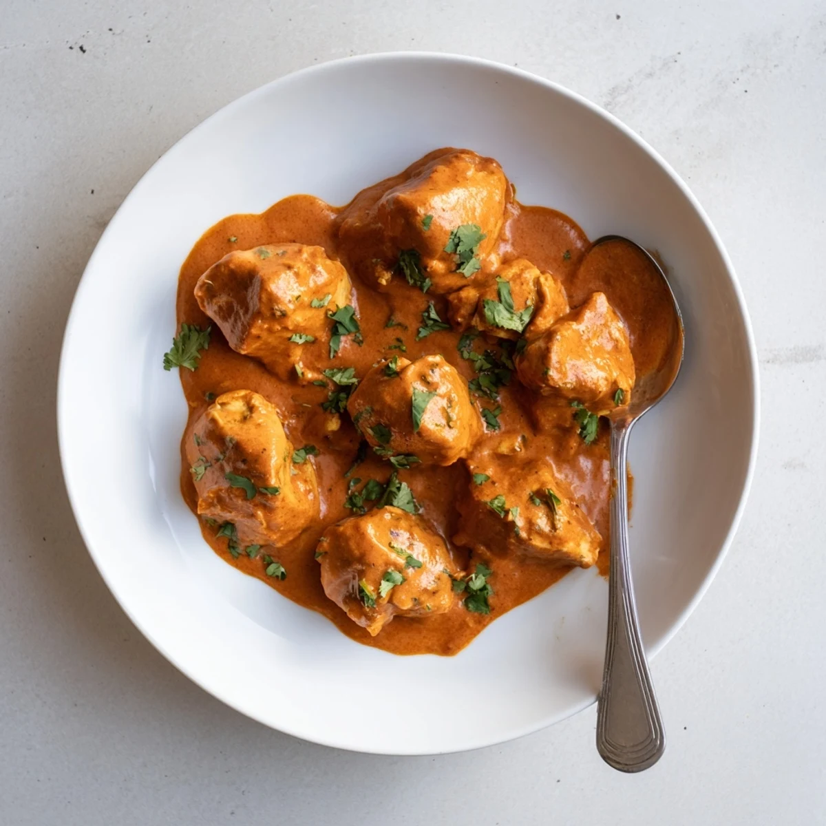 Golden butter chicken served steaming hot in a white bowl alongside fluffy basmati rice and warm naan bread for dipping.