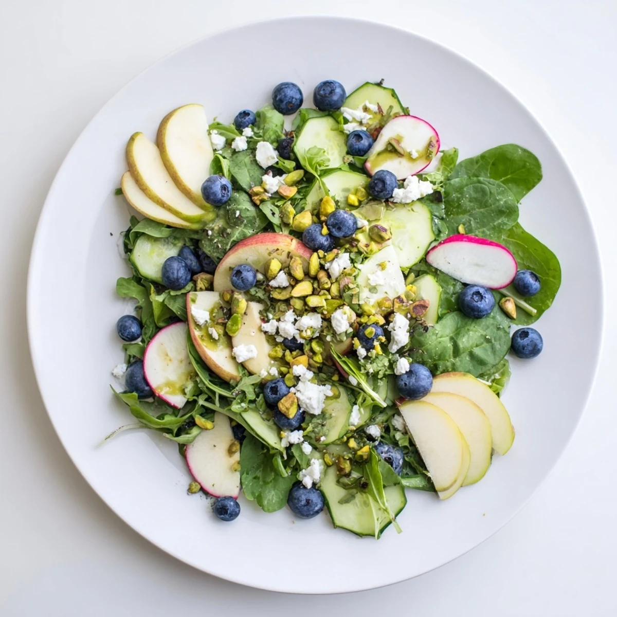 Fresh blueberry pistachio spring salad with crisp spinach, arugula, and tangy feta cheese