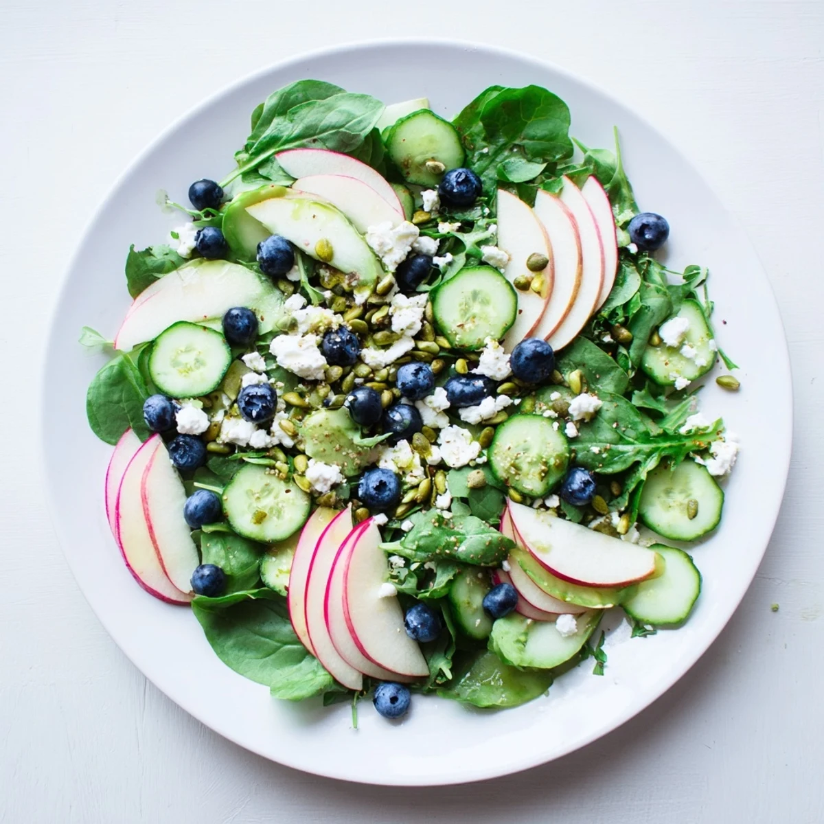 Colorful bowl of blueberry pistachio spring salad topped with crunchy nuts and sweet berries