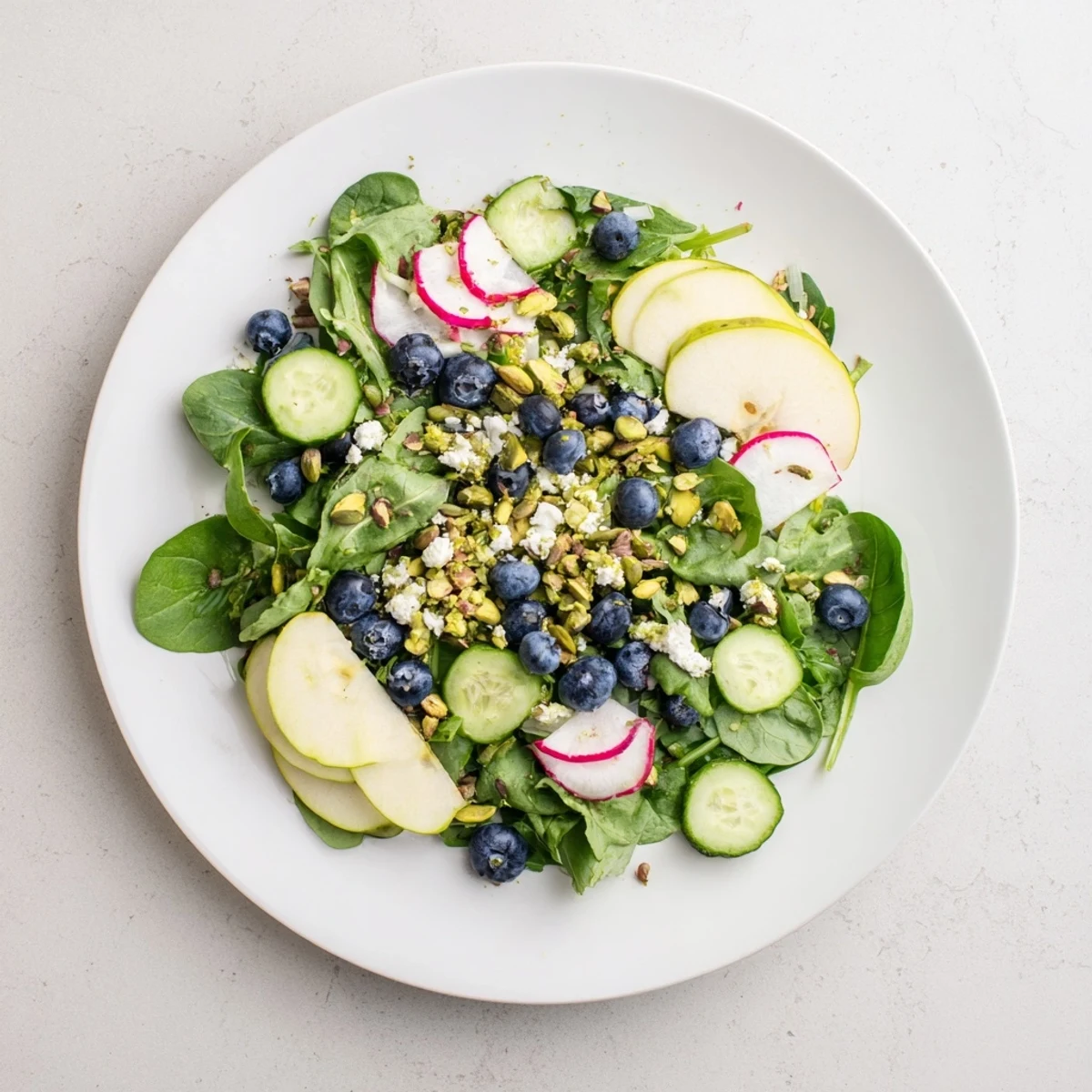Vibrant blueberry pistachio spring salad featuring fresh greens, cucumber slices, and crumbled feta