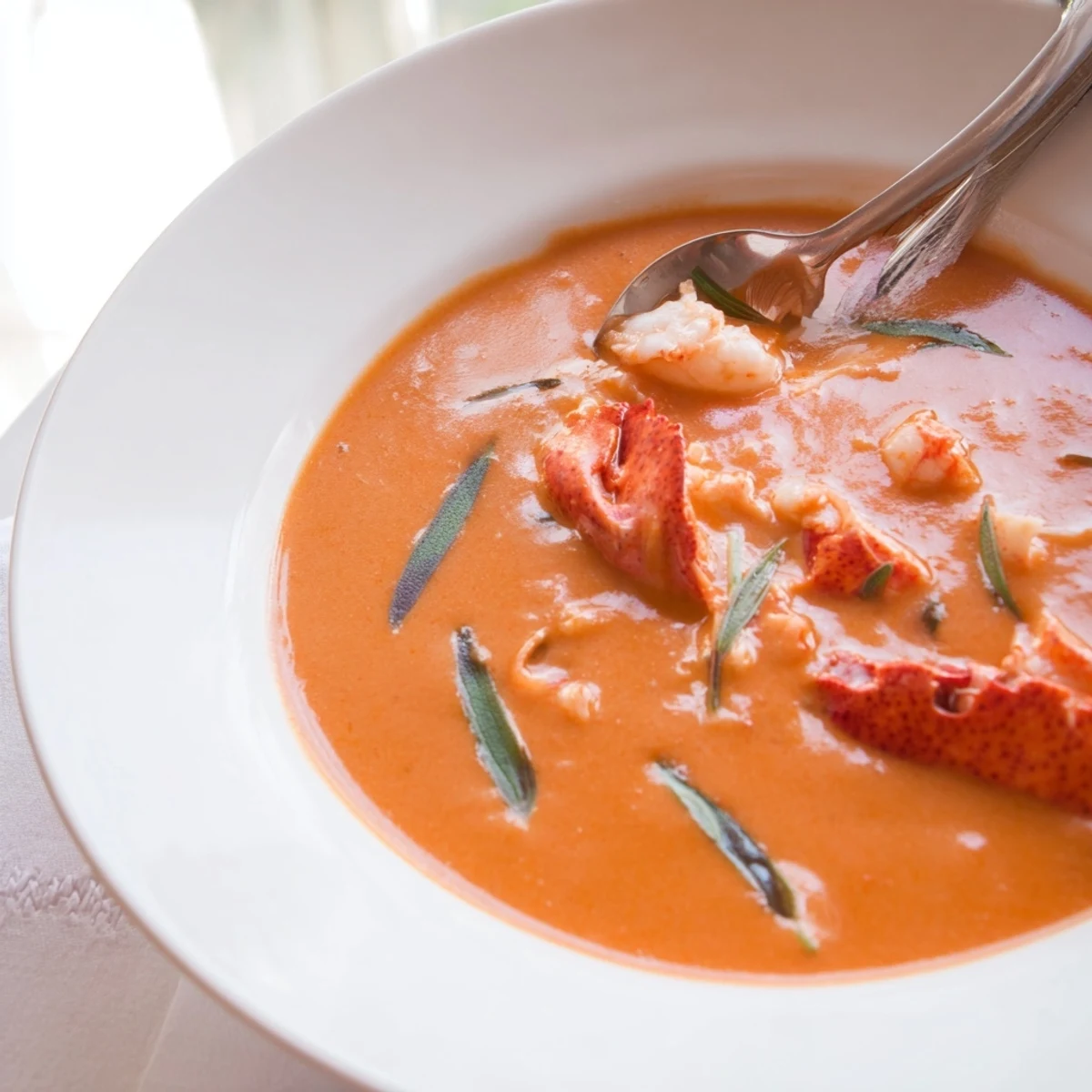 Rich velvety Gordon Ramsay lobster bisque served in white bowl with chunky lobster