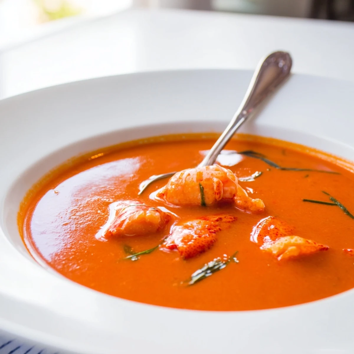 Creamy Gordon Ramsay lobster bisque garnished with fresh lobster pieces and tarragon
