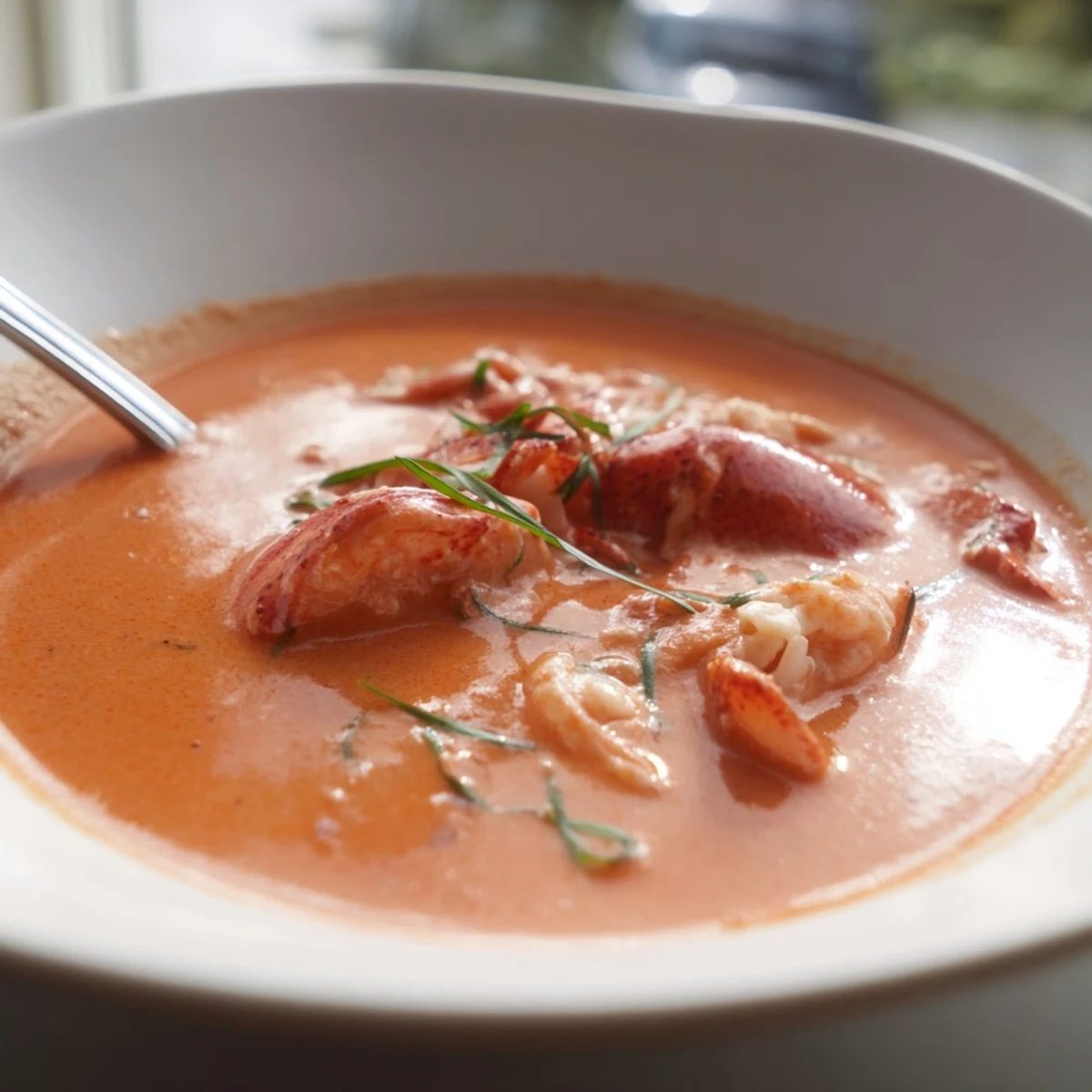 Golden orange Gordon Ramsay lobster bisque topped with succulent lobster meat and herbs