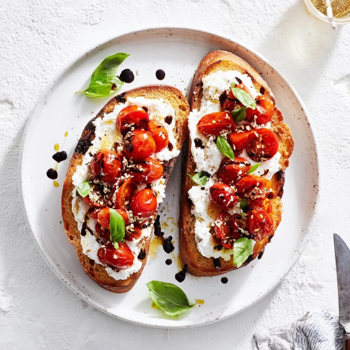 Golden sourdough toast topped with creamy ricotta and vibrant cherry tomatoes garnished with fresh basil
