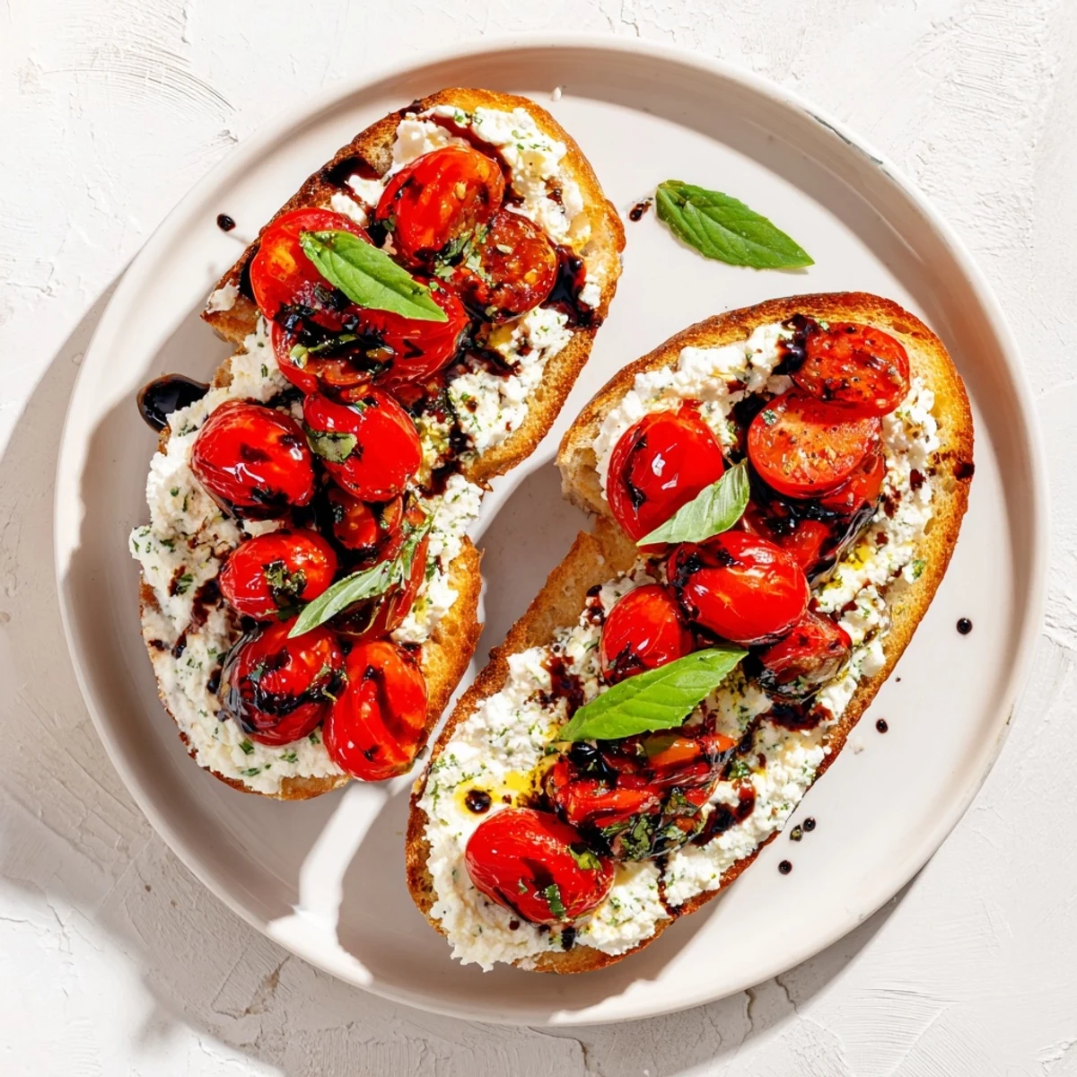 Mediterranean style ricotta tomato sourdough toast drizzled with olive oil and finished with torn basil leaves