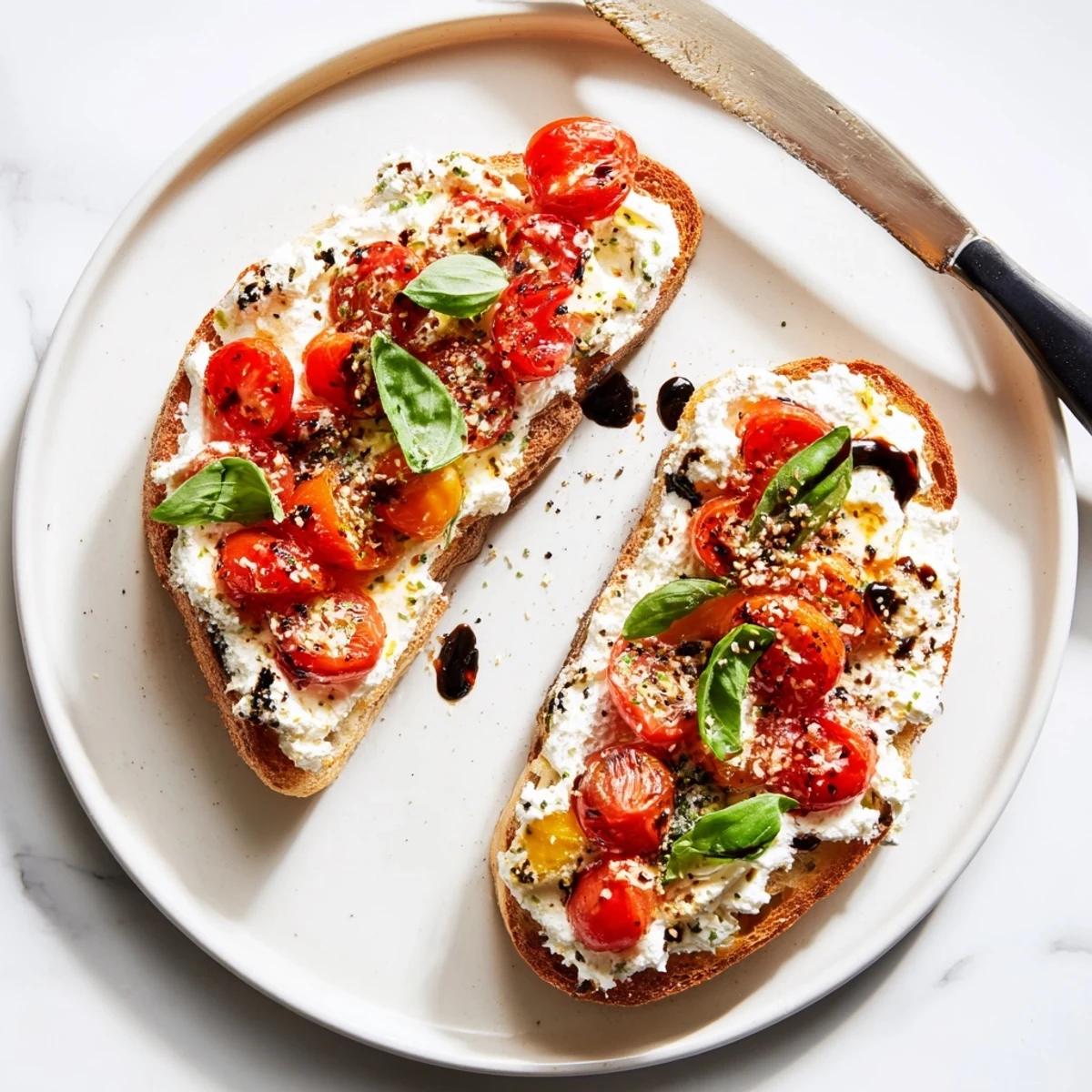 Ricotta tomato sourdough toast featuring crisp bread layered with seasoned cheese and juicy red tomato halves