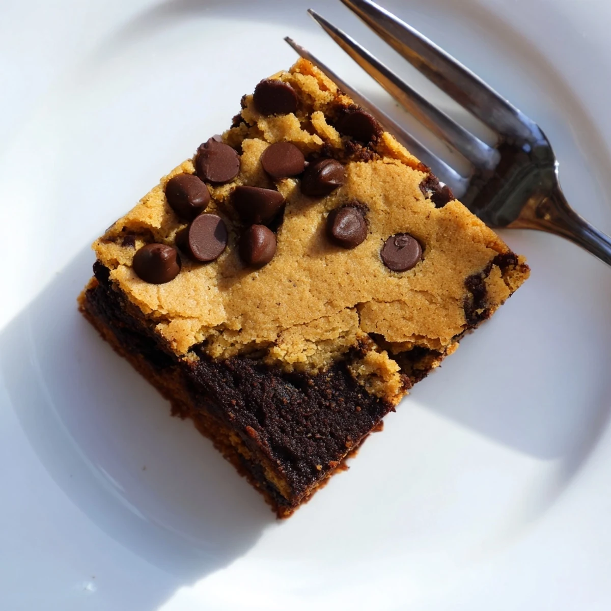 Homemade chocolate chip cookie brownies featuring fudgy layers studded with melting chocolate chips