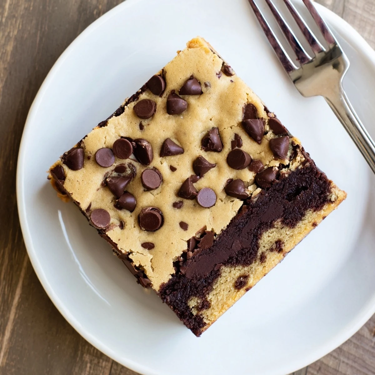 Golden chocolate chip cookie brownie bars stacked on a plate with a glass of milk