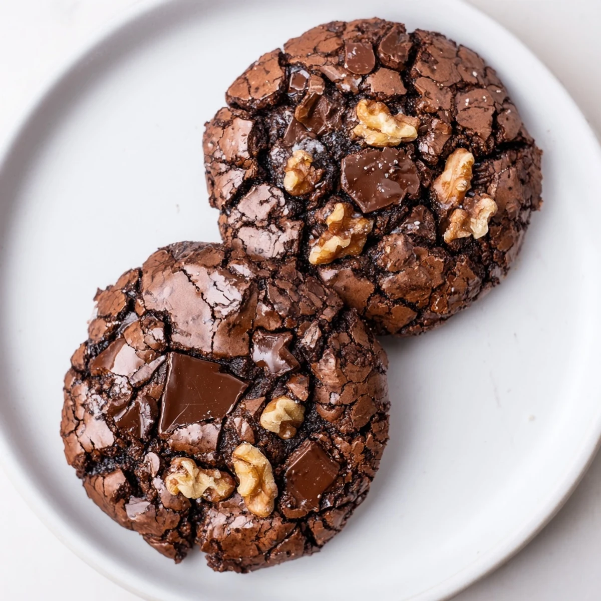 Fudgy sourdough brownie cookies with glossy crackly tops and melted chocolate chips