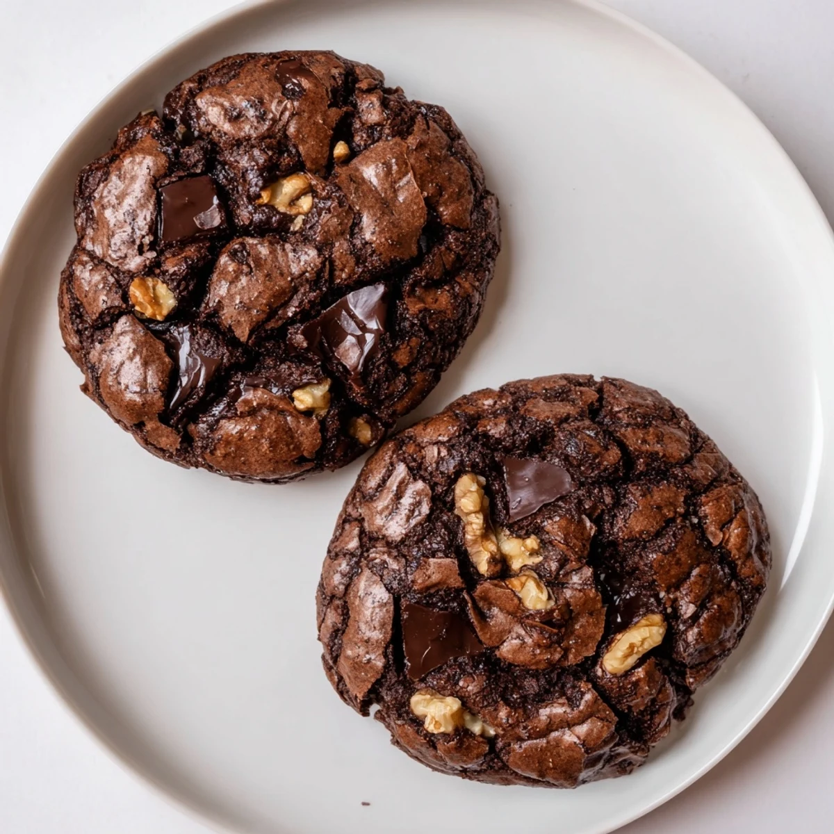Freshly baked sourdough brownie cookies cooling on wire rack with soft chocolate centers