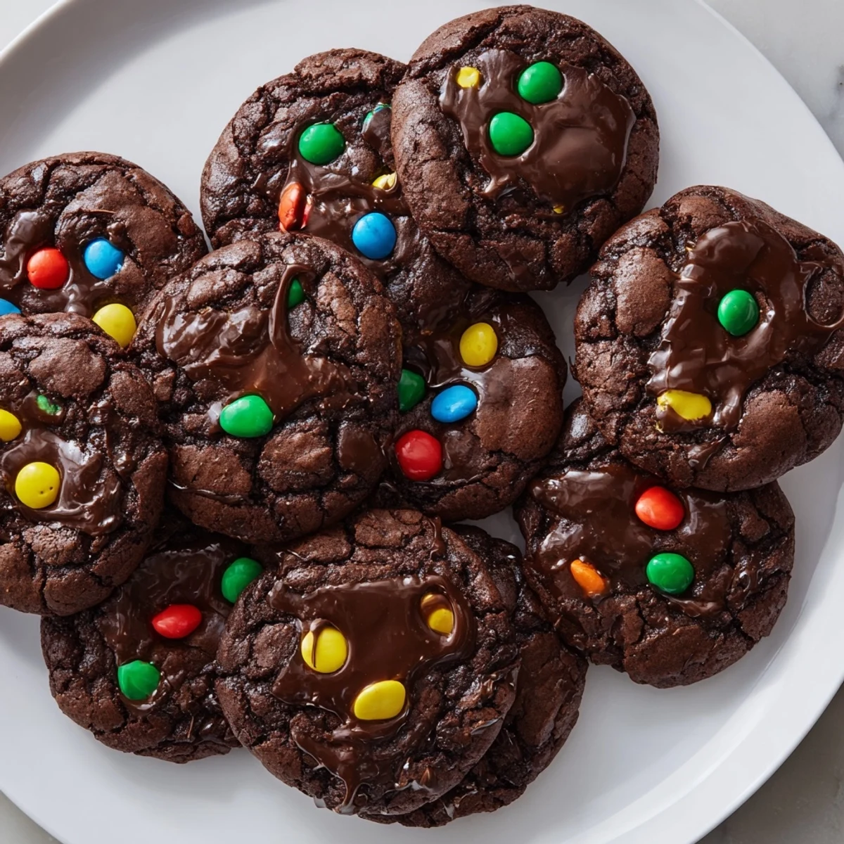 Fudgy Cosmic Brownie Cookies topped with glossy chocolate ganache and rainbow candy chips