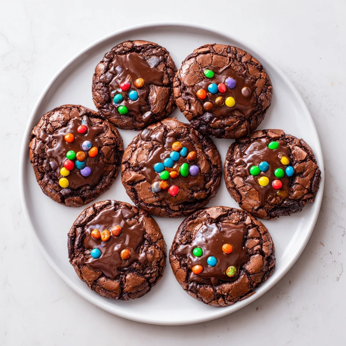 Rich chocolate Cosmic Brownie Cookies spread with smooth ganache and colorful sprinkles