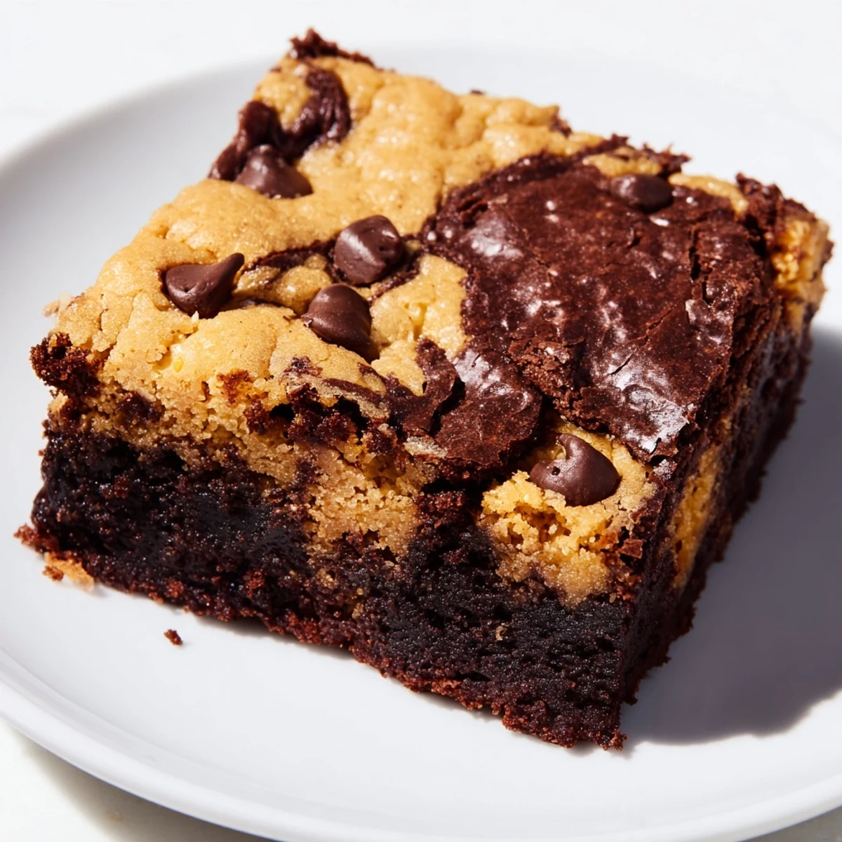 Fudgy chewy browkies stacked on a white plate showing marbled chocolate layers