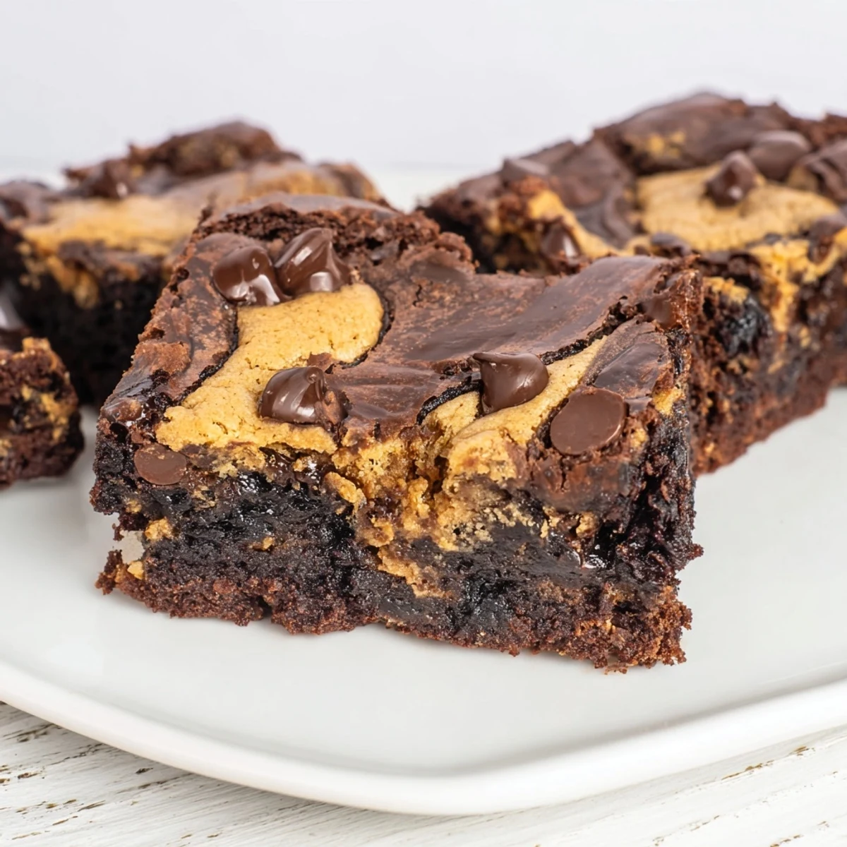 Square fudgy chewy browkies with chocolate chips and moist brownie cookie texture