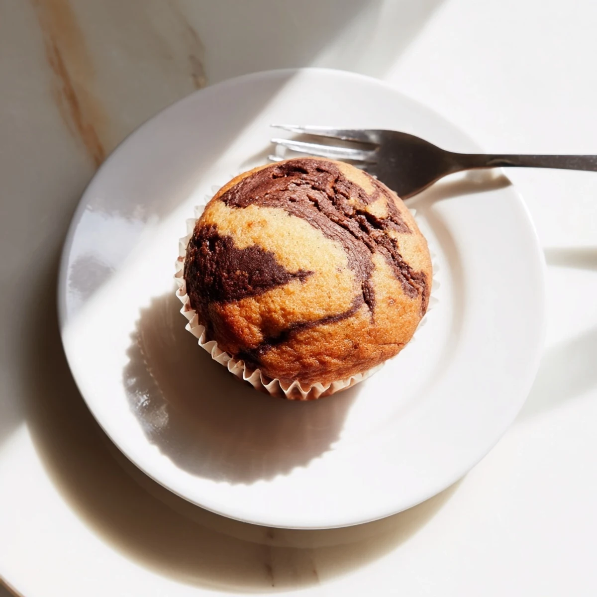 Moist banana muffins topped with a generous swirl of chocolate hazelnut Nutella creating a beautiful marbled pattern on top