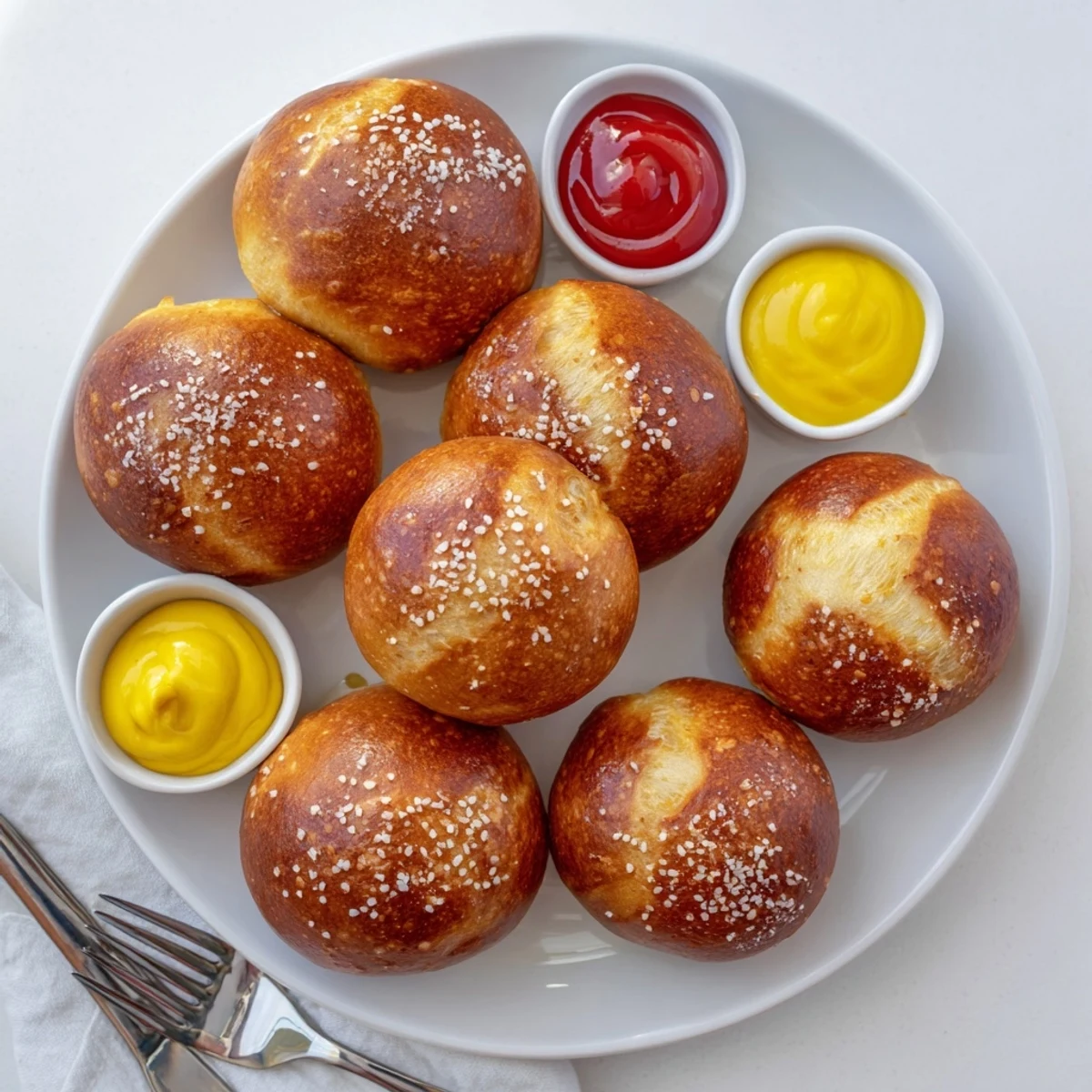 Golden brown cheeseburger pretzel bombs stuffed with seasoned beef and melted cheddar cheese on a wooden board
