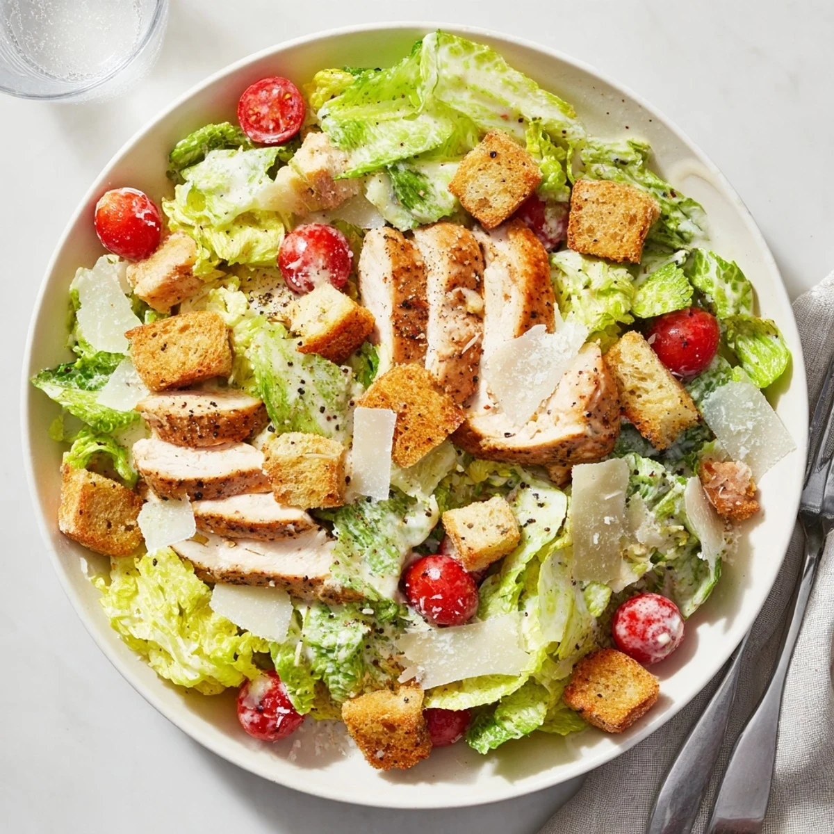 Golden grilled chicken breast slices atop crisp romaine lettuce with crunchy croutons and creamy Caesar dressing in a serving bowl.