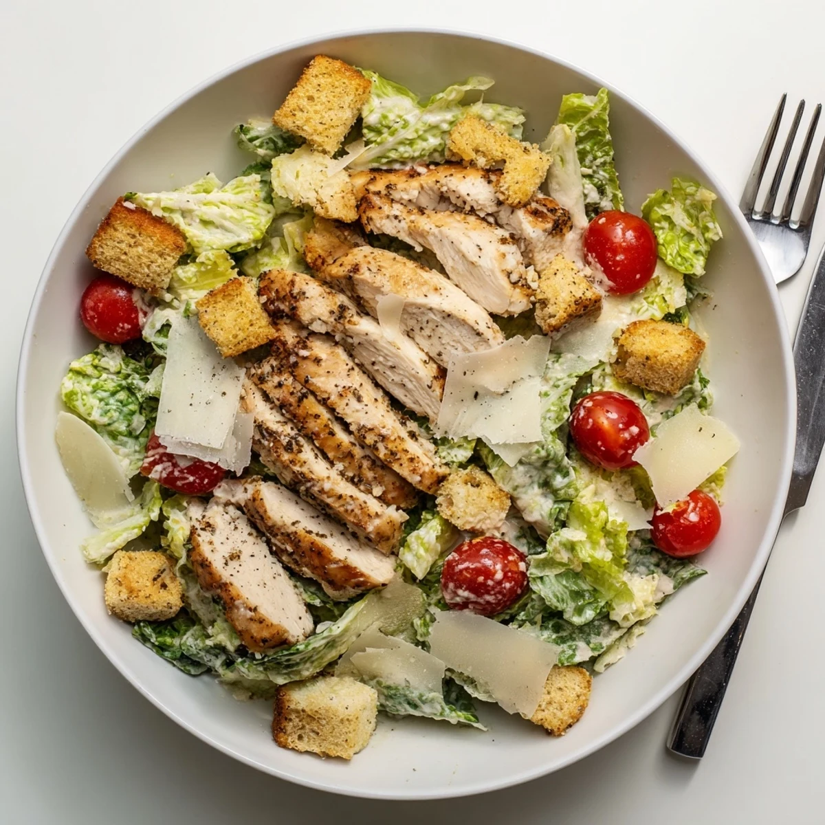 Homemade chicken Caesar salad featuring juicy seasoned chicken, fresh chopped romaine, shaved Parmesan, and tangy homemade dressing plated family style.