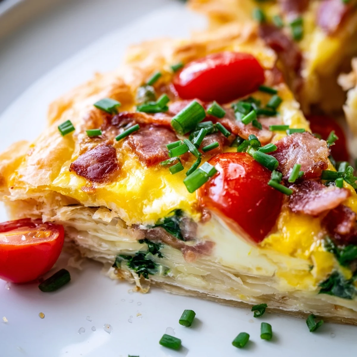 Sliced family breakfast tart showcasing creamy egg filling, crispy bacon, and fresh cherry tomatoes on a serving platter.